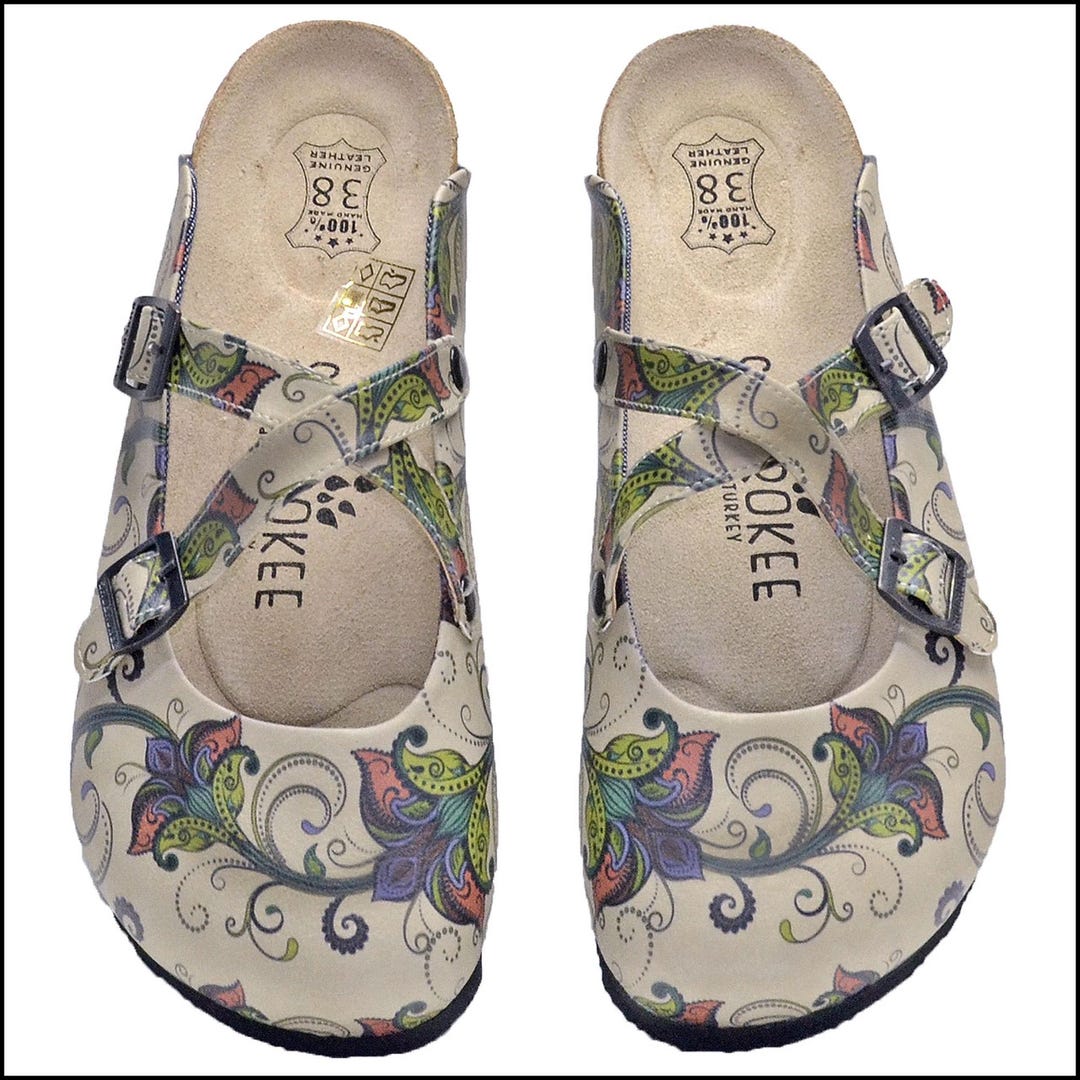 Boho Floral Leather Clogs for Women, Handmade Comfort Shoes, Colorful ...