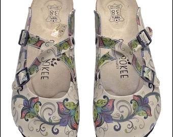 Boho Floral Leather Clogs for Women, Handmade Comfort Shoes, Colorful Paisley Pattern Slip On Sandals, Adjustable Buckle Mules, Gift for Her