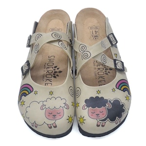 Comfortable Clogs, Leather Clogs, SHEEPS Themed Professional Woman Criss Cross Clogs,   Anatomical Clogs
