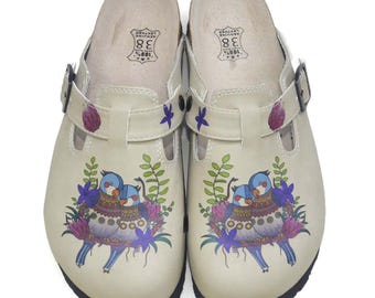 Sabots pour oiseaux | Sandales à enfiler fleuries | Chaussures de jardin bohèmes | Sabots confort à bride réglable | Cadeau unique pour elle