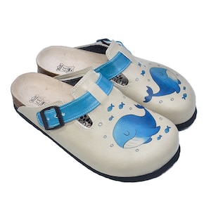 Beige Clogs: Women&#39;s Anatomical Leather Clogs with Whale Design