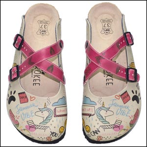 Handmade Summer Vibe Clogs, Cute Unicorn Sandals, Pink Strap Leather Mules, Cartoon Print Comfort Shoes, Gift for Her