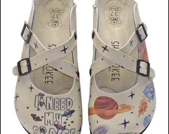 Leather Criss Cross Clogs: SPACE Themed Anatomical Comfort
