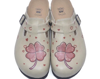 Flower Themed Professional Comfortable Women's Clogs, Anatomical, Leather Clogs, Traveler Shoes