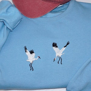 Crane Birds Embroidered Sweatshirt, Embroidered Adult Crew Neck, Unisex Fleece