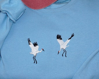 Crane Birds Embroidered Sweatshirt, Embroidered Adult Crew Neck, Unisex Fleece