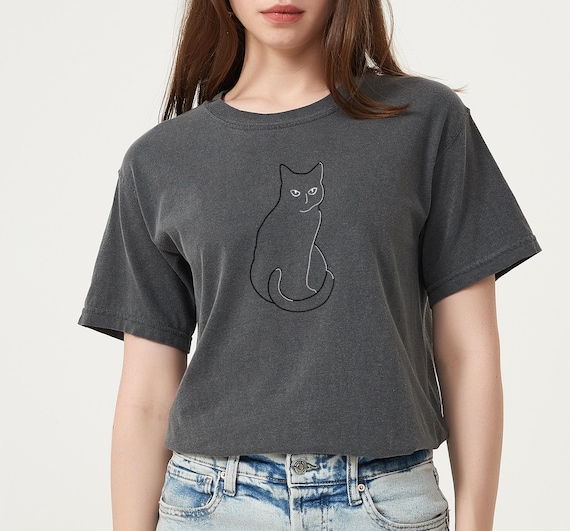 Embroidered Cat Tee, Comfort Colors Garment-Dyed T-Shirt, Unisex Adult