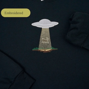 UFO Cat Sweatshirt, Embroidered Adult Crew Neck, Unisex Fleece