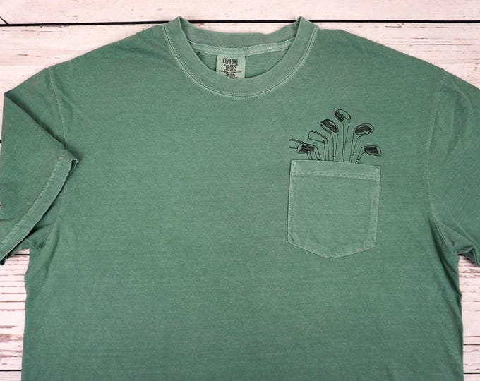 Embroidered Golf Clubs Pocket Tee, Comfort Colors Vintage Style Garment-Dyed T-Shirt, Unisex Adult