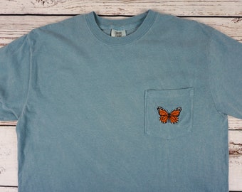 Embroidered Monarch Butterfly Pocket Tee, Comfort Colors Vintage Style Garment-Dyed T-Shirt, Unisex Adult