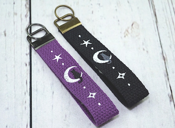 Embroidered Cat Moon Key Chain Wristlet, Celestial Kitty 100% Cotton Keychain