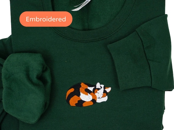 Embroidered Calico Cat Sweatshirt, Unisex Fleece Crew Neck