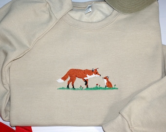 Embroidered Fox Sweatshirt, Adult Crew Neck, Unisex Fleece