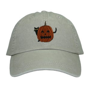 Halloween Cat with Jack-o-lantern, Pumpkin Embroidered Dad Hat, Adjustable Cotton Twill, Pigment Dyed