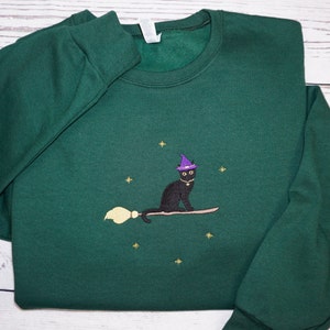 Embroidered Cat Witch Sweatshirt, Halloween Adult Crew Neck, Unisex Fleece