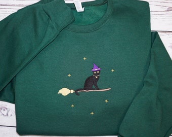 Embroidered Cat Witch Sweatshirt, Halloween Adult Crew Neck, Unisex Fleece