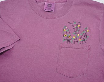 Embroidered Garden tools Pocket Tee, Floral Comfort Colors Vintage Style Garment-Dyed T-Shirt, Unisex Adult