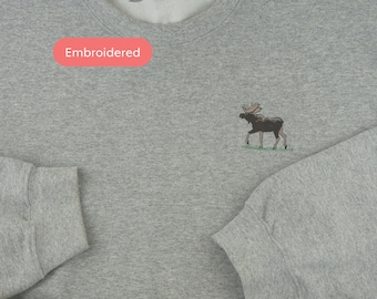 Embroidered Moose Sweatshirt, Embroidered Adult Crew Neck, Unisex Fleece