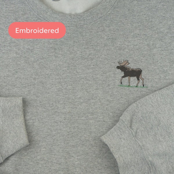 Embroidered Moose Sweatshirt, Embroidered Adult Crew Neck, Unisex Fleece