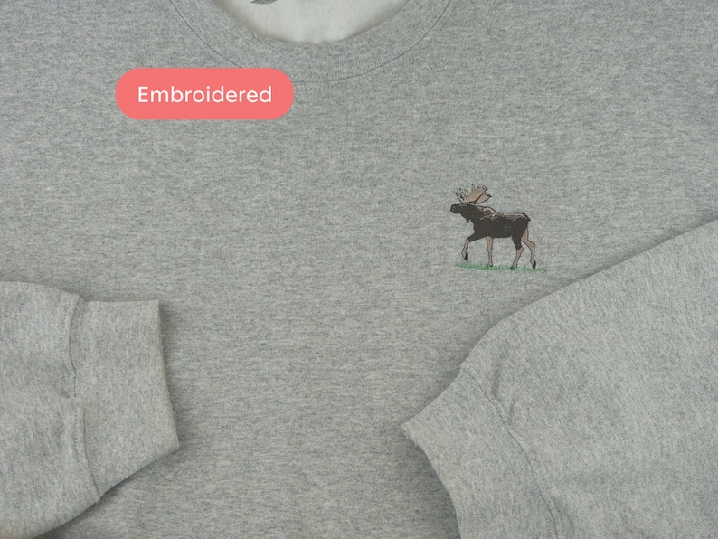 Embroidered Moose Sweatshirt, Embroidered Adult Crew Neck, Unisex Fleece image 1