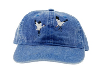 Crane Bird Embroidered Dad Hat, Adjustable Cotton Twill, Pigment Dyed