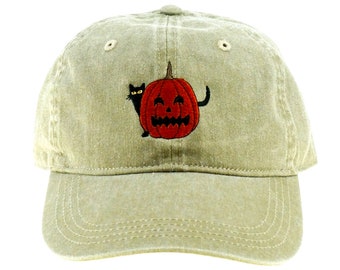 Halloween Cat with Jack-o-lantern, Pumpkin Embroidered Dad Hat, Adjustable Cotton Twill, Pigment Dyed