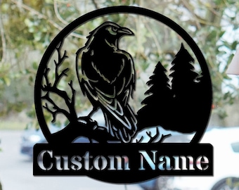 Custom Crow Metal Wall Art Personalized Black Crow Sign Crow Name Sign Raven Wall Hanging Housewarming Gift