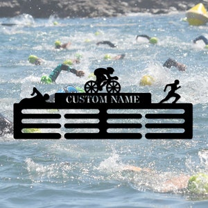 Custom Triathlon Medal Holder Triathlon Medal Hanger with Name, 12 Rungs for Medals & Ribbons, Triathlon Medal Display Award Display