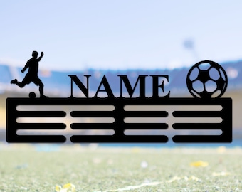 Aangepaste voetbalmedaillehouder Voetbalmedaillehanger met naam, 12 sporten voor medailles en linten, voetbalmedailleweergave Award-display