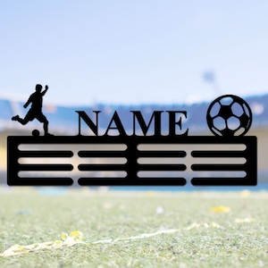 Custom Soccer Medal Holder Soccer Medal Hanger with Name, 12 Rungs for Medals & Ribbons, Football Soccer Medal Display Award Display image 1