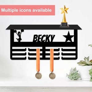 Personalized Name Medal Hanger Trophy Shelf, Custom Text, Images Medal Holder, 12 Rungs for Medals & Ribbons,Medal Hanger Display Award Gift