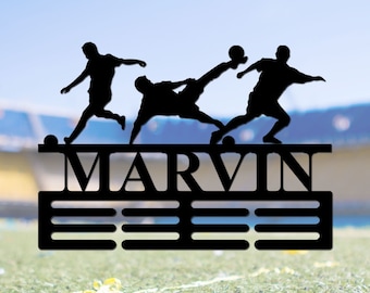 Porta medaglie da calcio personalizzato con nome, 12 pioli per medaglie e nastri, espositore per premi da calcio