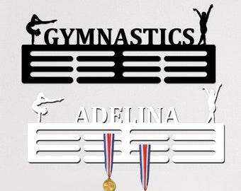 Porte-médailles de gymnastique personnalisé avec nom, 12 échelons pour médailles et rubans, présentoir de médailles de gymnaste