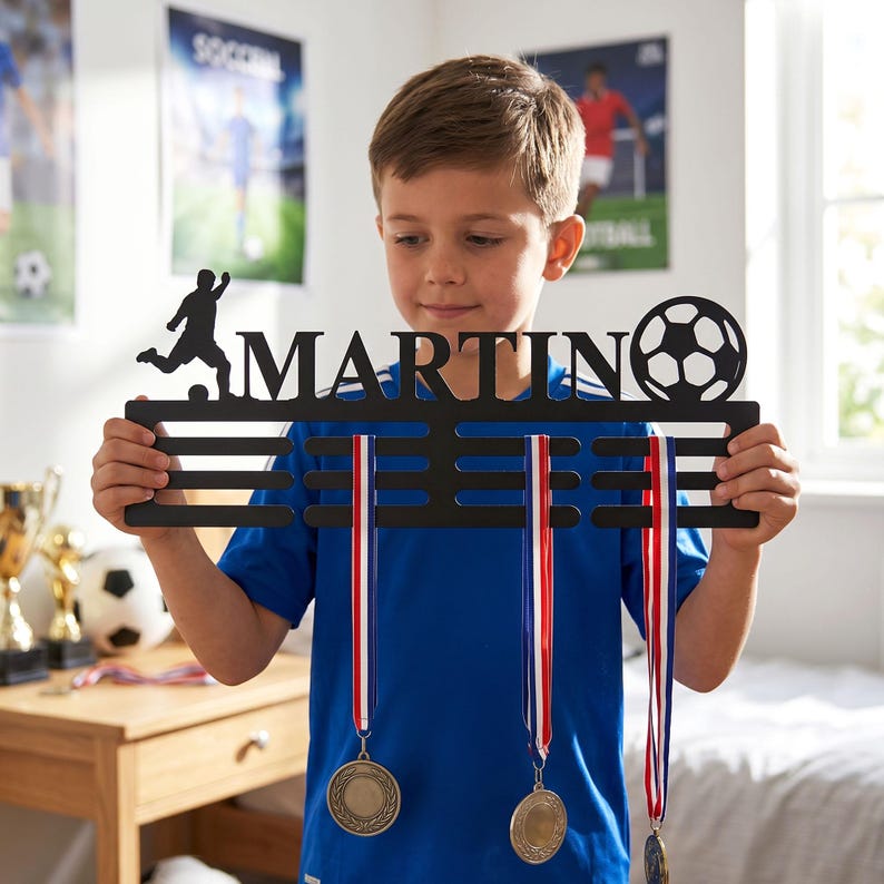 May include: A black metal medal display hanger featuring the name MARTIN in capital letters, a silhouette of a soccer player, and a soccer ball graphic. The hanger includes horizontal bars for hanging medals with ribbons attached.
