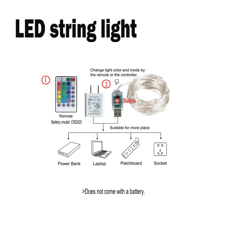 May include: A white LED string light with a remote control and a USB controller. The remote control has a variety of colored buttons and the USB controller has a button to change the light color and mode. The string light can be powered by a power bank, laptop, patchboard, or socket.