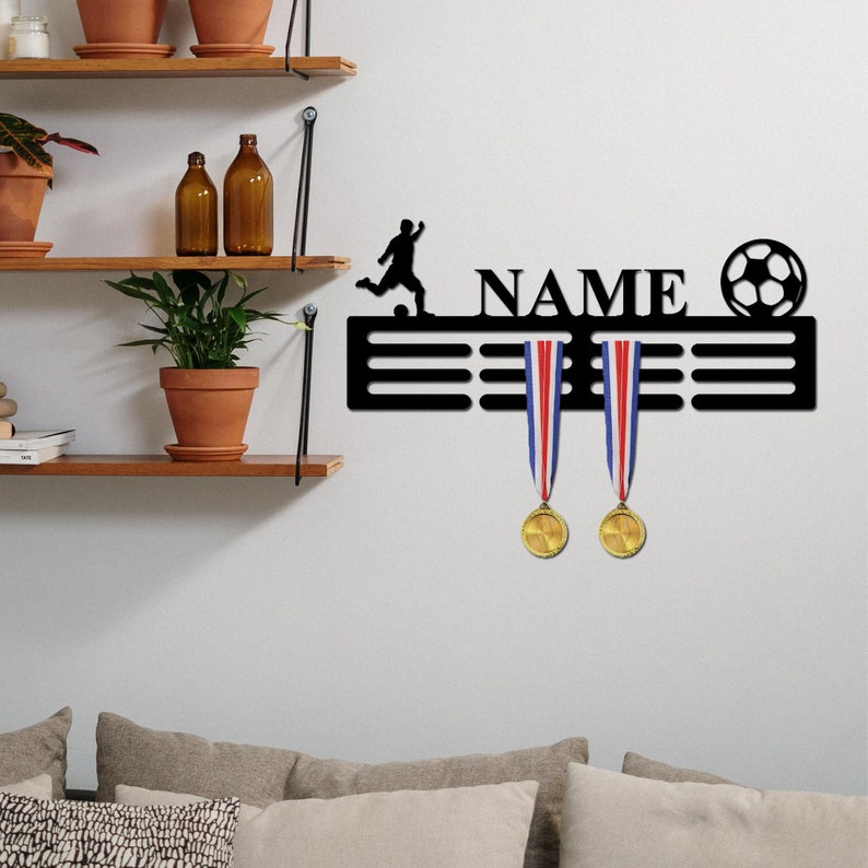 Custom Soccer Medal Holder Soccer Medal Hanger with Name, 12 Rungs for Medals & Ribbons, Football Soccer Medal Display Award Display image 5
