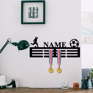 Custom Soccer Medal Holder Soccer Medal Hanger with Name, 12 Rungs for Medals & Ribbons, Football Soccer Medal Display Award Display image 3