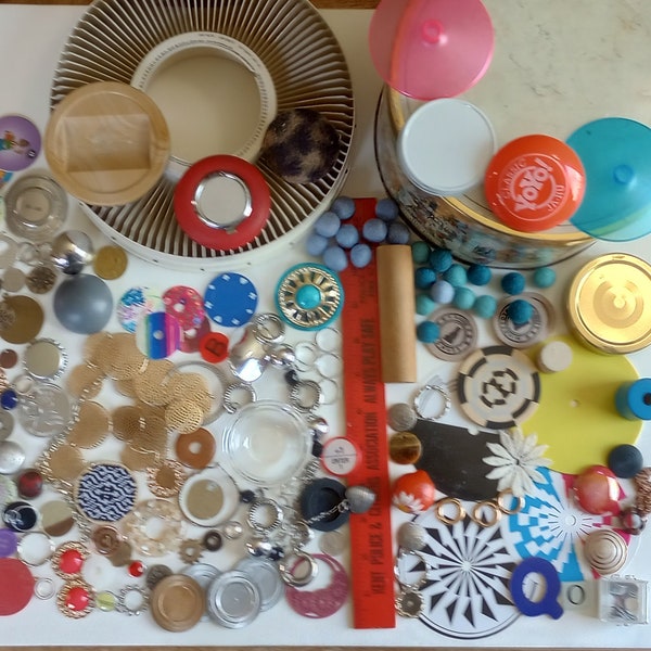 Assemblage Lot: CIRCLES 75+ Found Objects including Large Vintage Tin & Slide Carousel, Tokens Jewelry Game Pieces Buttons Lids More