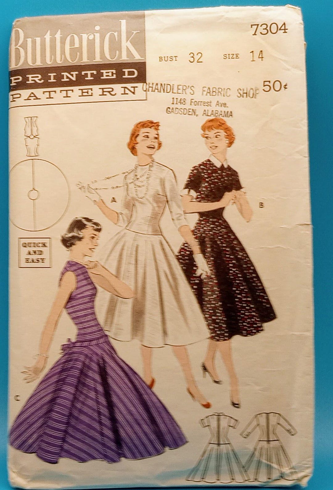 Vintage 1950s Misses Dress Sewing Pattern - Butterick 7304 Sz 14 B 32 ...
