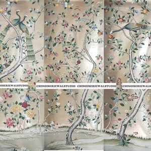 Peacock Chinoiserie Panels Hand painted Wallpapers on Champagne 36&quot; x 91&quot;/panel - Accept Custom Sizes