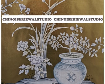 Chinoiserie Wallpaper panel Handpainted Wallpapers 36"x59"/panel - Accept Custom Sizes