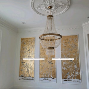 Pannelli Chinoiserie dipinti a mano su carta da parati metallizzata oro 36"x96"/pannello - Accetta dimensioni personalizzate