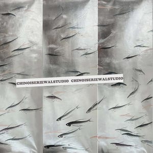 Fish Wallpaper Hand painted Wallpapers on Antiqued Silver Metallic - Accept Custom Sizes