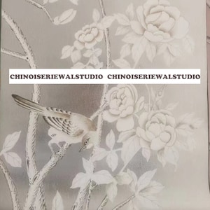 Esempio di carta da parati dipinta a mano Chinoiserie su argento metallizzato 12"x16" - Accetta dimensioni personalizzate