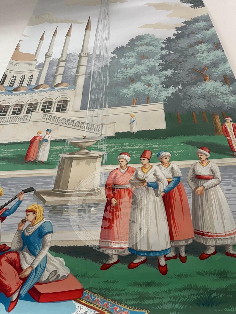 Papel pintado de estilo europeo pintado a mano, mural paisajístico del Grand Tour, escena de palacio y jardín históricos, paneles de pared de lujo personalizados para sala de estar. imagen 6