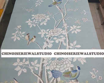 Chinoiserie Panel Hand Painted Wallpaper on Blue Tea Paper  32"x63"/panel - Accept Custom Sizes