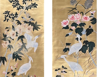 Gold Leaf Hand Painted Egret Chinoiserie Wallpaper, Traditional Chinese Bird & Flower Mural, Custom Luxury Wall Art for Elegant Home Decor