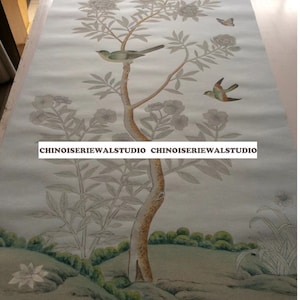 2 Panels - Chinoiserie Panels Hand painted Wallpapers on Blue Slub Silk 30&quot;x60&quot;/panel - Accept Custom Sizes