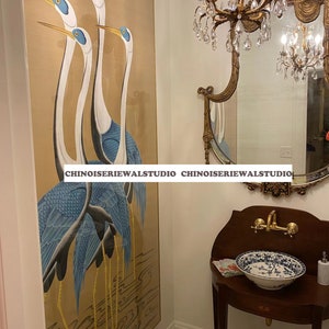 Papel tapiz de grúas Fondos de pantalla pintados a mano en seda flameada 47 "x 84" / panel - Acepte tamaños personalizados