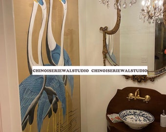Cranes Wallpaper Hand painted Wallpapers on slub Silk 47&quot;x84&quot;/panel - Accept Custom Sizes